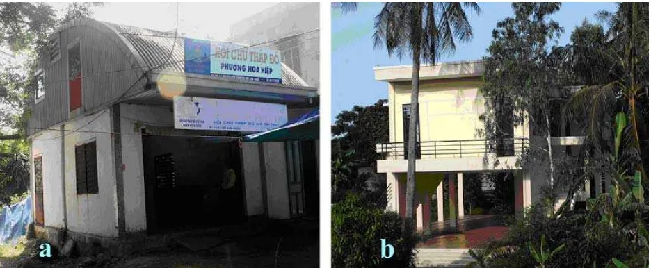 Figure 6. Disaster Mitigation House (a) at Hoa Hiep Nam and Flood Prevention House (b) at Hoa Hiep Bac 