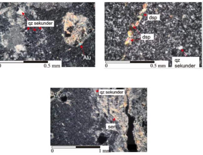 Gambar  8.  Fotomikrograf  dari  batuan  alterasi  kuarsa-alunit-pirofilit-diaspor  (atas)  dan  batuan  alterasi kuarsa-paragonit-ilit (bawah)