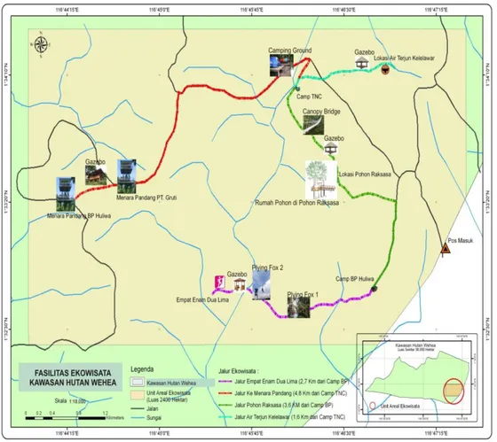 Gambar 1. Peta Desain Fasilitas pada Jalur Ekowisata di Hutan Wehea