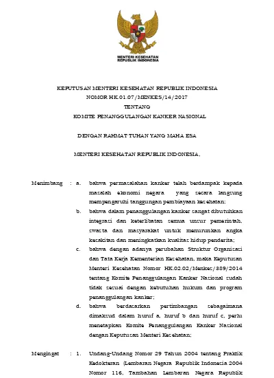 KEPUTUSAN MENTERI KESEHATAN REPUBLIK INDONESIA NOMOR HK.01.07/MENKES/14 ...