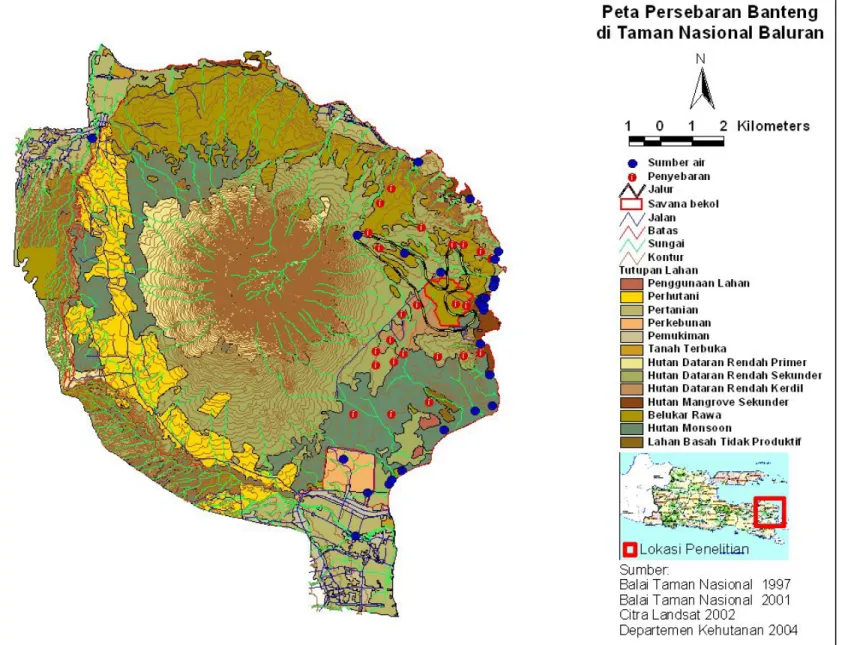 Gambar 6.  Peta Penyebaran Banteng dan Lokasi Sumber Air di Kawasan Taman Nasional Baluran (1997) 