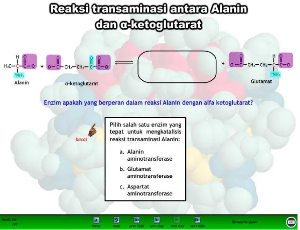 Gambar 1. Cuplikan Visualisasi CD Animasi dalam Perkuliahan Biokimia dan Pengungkapan KGB tilikan ruang untuk memahami reaksi transaminasi alanin 