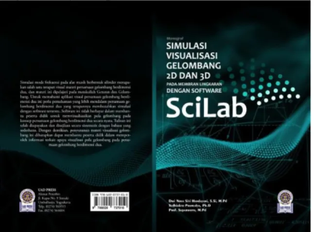 Gambar 1. Tampilan sampul monograf simulasi visualisasi gelombang 2D dan 3D pada membran  lingkaran dengan Software  Scilab 