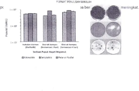 Gambar 1. koloid tengah) dan kalsium trifosfat Dinamika kandungan mikroba fungsional pada sediaan pupuk hayati dalam bentukinokulan dorman cair atau setelah menjadi ekstrak kompos (kiri) serta aktivitas perombakankitin oleh bakteri kitinolitik (kanan atas), karbosimetilselulosa oleh bakteri selulolitik (kananoleh bakteri pelarut fosfut (kanan bawah) oleh mikroba pada ekstrakkompos,