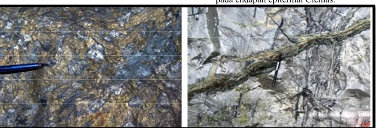 Gambar 1.2. Memperlihatkan kenampakan breksi hidrotermal. Foto kiri, kenampakan breksi hidrotermal pada  endapan skarn Big Gossan