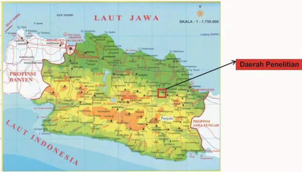 Gambar 1.1 Lokasi penelitian berdasarkan peta wilayah Provinsi Jawa Barat  (Badan Geospasial Indonesia, 2015)