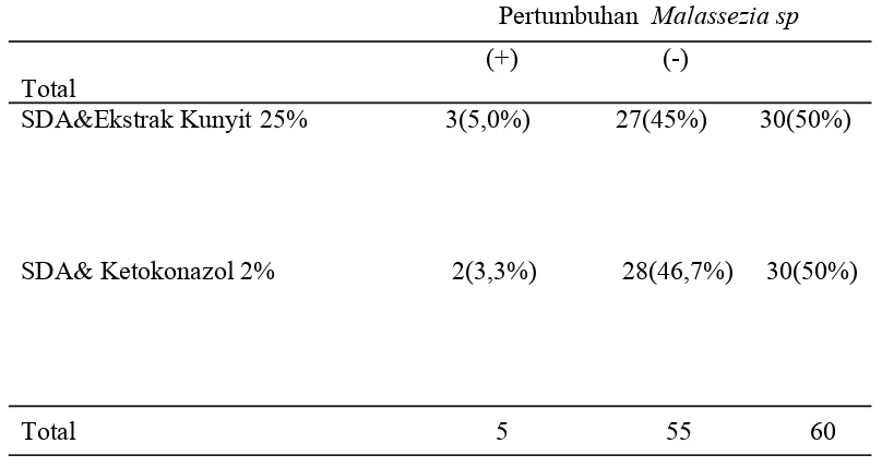 Tabel 1.Tabulasi Silang Pertumbuhan Malassezia sp.  antara Ekstrak Kunyit 