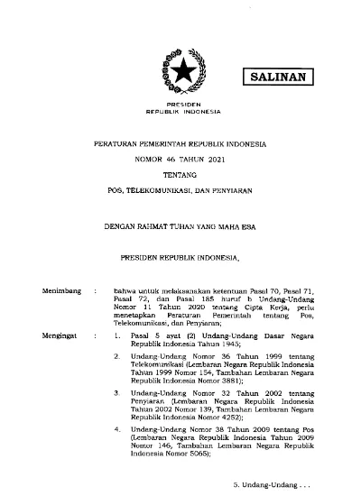 SALINAN. Nomor 1l Tahun 2O2O Tentang Cipta Kerja, Perlu Menetapkan ...