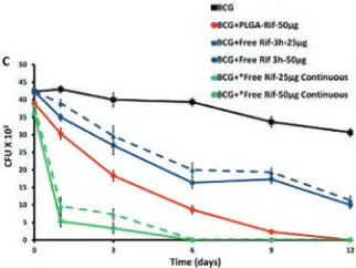 Gambar 6. Perbedaan penggunaan PLGA sebagai carrier antibiotik rifampicin. Garis biru menunjukkan administrasi rifampicin tanpa PLGA dengan satu dosis; garis merah menunjukkan administrasi BCG bersama rifampicin dengan PLGA dengan satu dosis.13