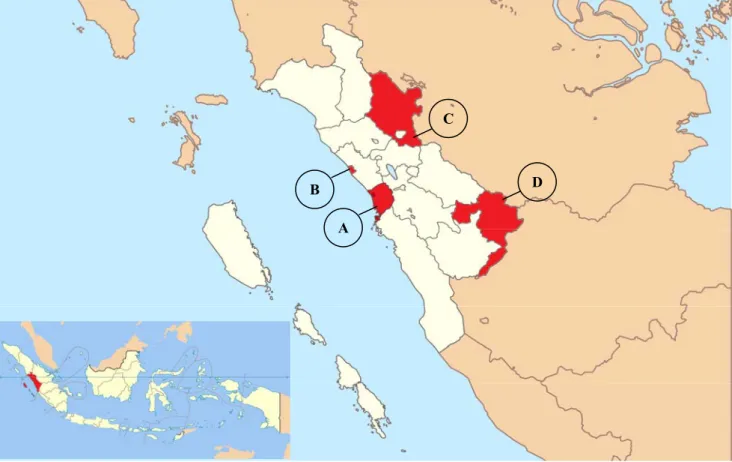 Gambar 1. Lokasi penelitian di wilayah Sumatera Barat. A. Kota Padang, B. Kota Pariaman, C