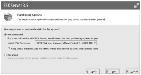 Gambar 4.7 Petunjuk instalasi ESX server.  10. Tekan tombol Yes pada peringatan penghapusan partisi