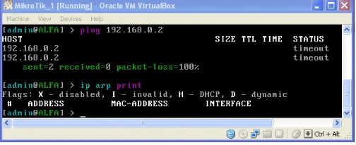 Gambar. 9. Pada Virtualbox ALFA Tidak Dapat Mengirimkan Paket ICMP dan Tabel Arpnya Kosong 