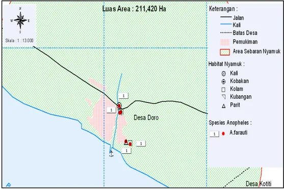 Tabel 3 Jenis habitat perkembangbiakan larva Anopheles spp., jarak dengan  rumah terdekat, pemanfaatan lahan dan ketinggian lokasi di Desa Doro  pada bulan Mei 2009  
