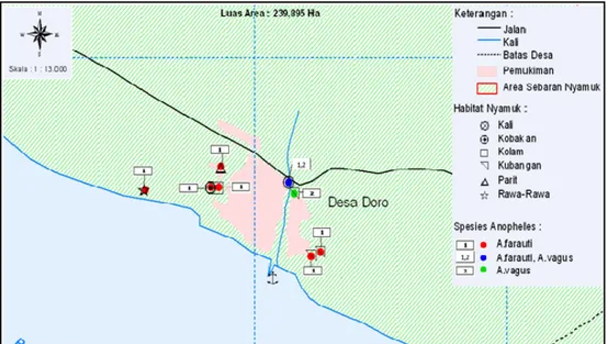 Tabel 6 Jenis habitat perkembangbiakan larva Anopheles spp., jarak dengan  rumah terdekat, pemanfaatan lahan dan ketinggian lokasi di Desa Doro  pada bulan Agustus 2009  