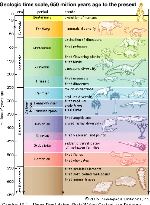 Gambar 10-1   Umur Bumi dalam Skala Waktu Geologi dan Peristiwa dan Kejadian pada setiap periode