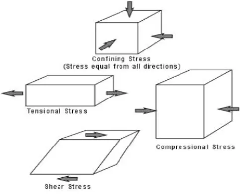Gambar 7-1   Tegasan Seragam / Uniform Stress (atas); tegasan tensional (tengah kiri); tegasan kompresional (tengah kanan); dan tegasan geser /shear stress (gambar bawah) 