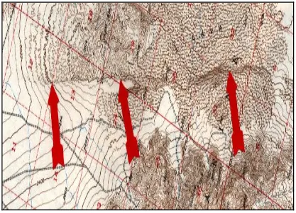 Gambar 5-8  Perubahan ekspresi topografi yang ekstrem/pola kontur yang rapat dan lurus/menerus sebagai kelurusan bukit (tanda panah)  
