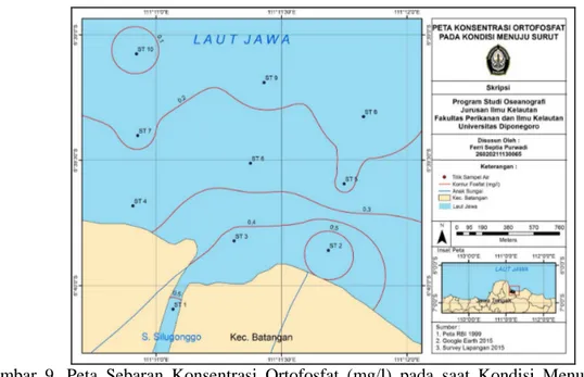 Gambar  9.  Peta  Sebaran  Konsentrasi  Ortofosfat  (mg/l)  pada  saat  Kondisi  Menuju  Surut  di  Perairan Muara Sungai Silugonggo Pati 