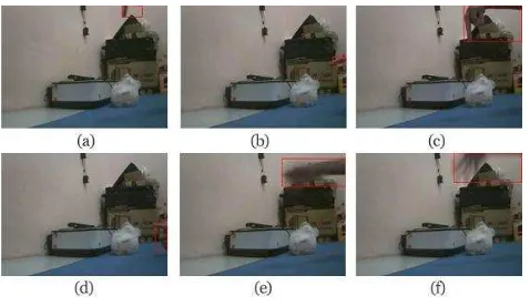 gambar 5. Terdapat objek (mouse) yang masuk pada gambar 5 (b).  Objek tersebut dideteksi bergerak oleh hasil tangkapan pada citra selanjutnya (gambar 5 (c), (d), (e))