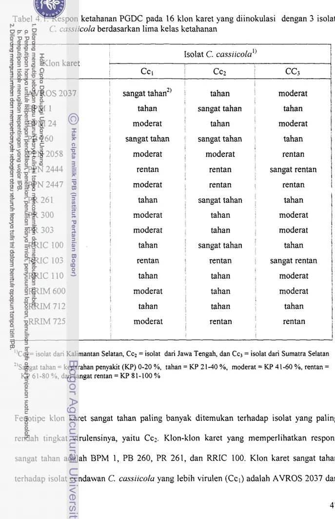 Tabel 4.1. Respon ketahanan PGDC pada  16 klon karet yang diinokulasi  dengan 3 isolat 