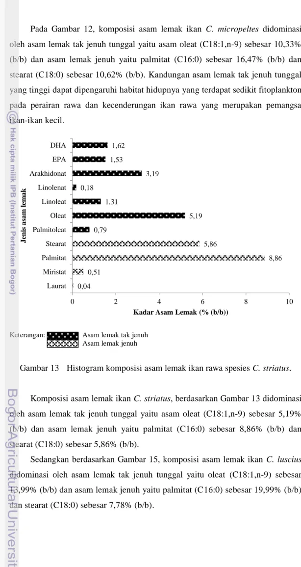 Gambar 13  Histogram komposisi asam lemak ikan rawa spesies C. striatus. 
