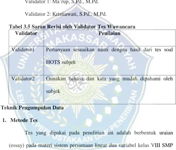 Tabel 3.5 Saran Revisi oleh Validator Tes Wawancara  