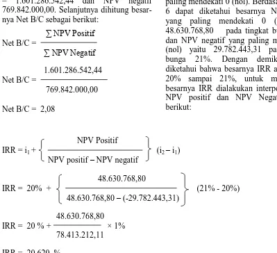 Tabel 6 dengan tingkat bunga 14%  dapat diketahui besarnya Net Present Value (NPV) = 831.444.542,44, berarti NPV > 0 (nol), 