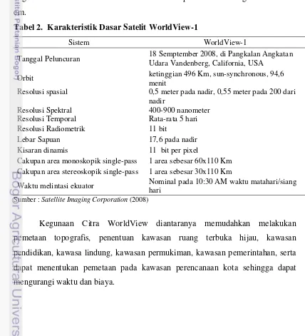 Tabel 2.  Karakteristik Dasar Satelit WorldView-1 
