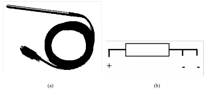 Gambar 2.1.  (a) Bentuk fisik Pt100, (b) Skema Pt100. 