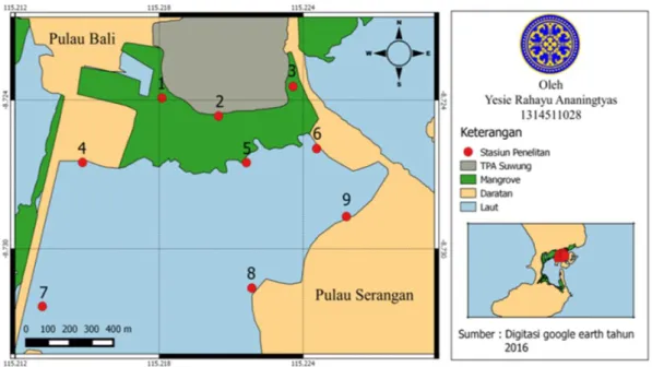 Gambar 1. Lokasi Penelitian di estuari Suwung, Denpasar, Bali 