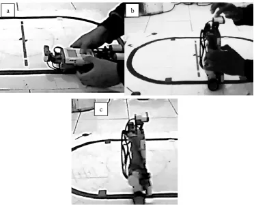 Figure 5. Robot at a) “sleeping” condition; b) “standing” condition with held; c) “standing”  condition without being held  