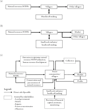 Figure 2. (a) Scheme of NTFP utilization and handicrat making in Mendupo, Batu Lidung, Sesua, and Punan Bengalun; (b) Scheme of NTFP utilization and handicrat making in Seputuk; (c) Recommended scheme for NTFP utilization and small-scale industry