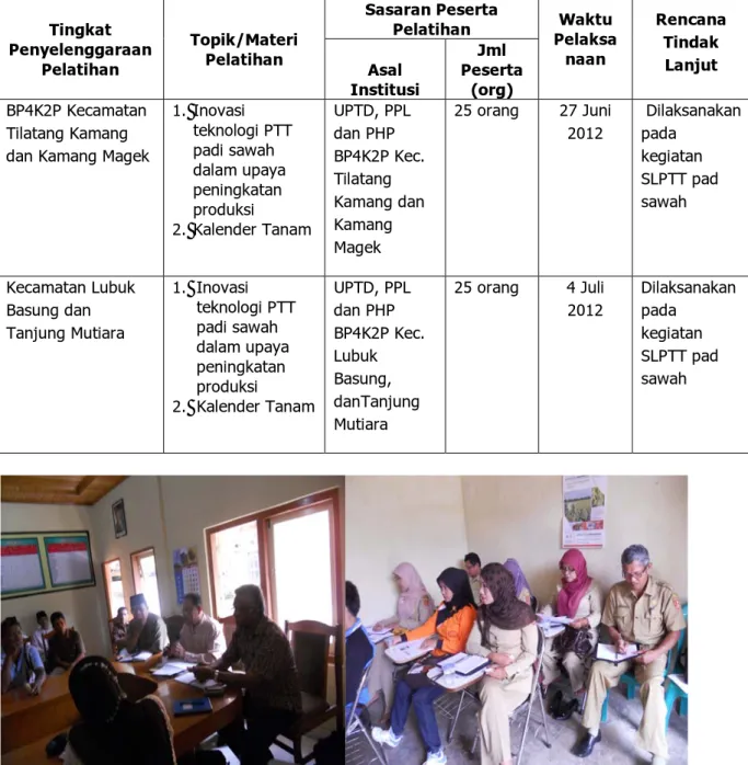 Tabel 5.  Pelatihan Teknis Inovasi Teknologi kegiatan pendampingan SLPTT di  Kabupaten Agam, Desember 2012 