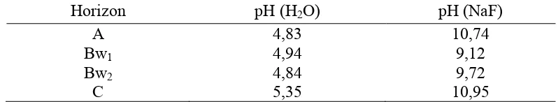 Tabel 6. Hasil Analisis pH Tanah H2O dan pH NaF Setiap Horizon dari Profil Pengamatan  
