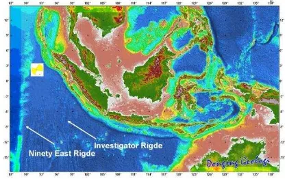 Gambar 1 : Lokasi Ninety East Ridge yang  memanjang 5.000 km dari Teluk Benggala ke selatan hingga tenggara India
