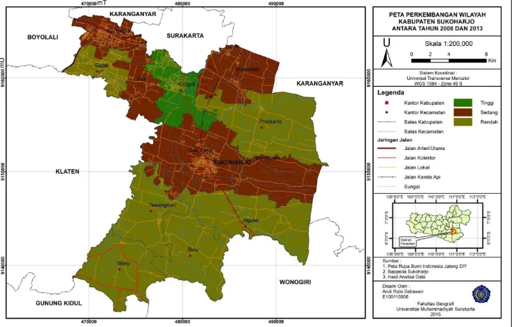 Gambar 4.19. Peta Perkembangan Wilayah Kabupaten Sukoharjo Antara Tahun 2008 dan 2013