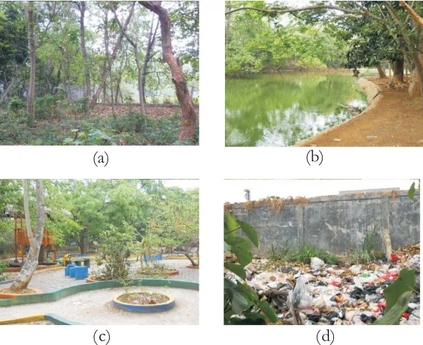 Gambar 6. Kondisi areal hutan kota Srengseng: pohon yang kompak dan rapat (a), danau sebagai objekrekreasi(b),taman bermain (c)dan sampah domestik(d)