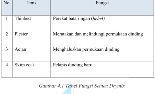 Gambar 4.1 Tabel Fungsi Semen Drymix 
