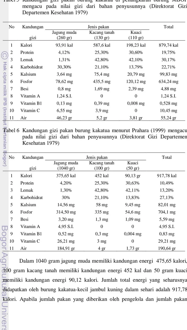Tabel 5  Kandungan  gizi  pakan  burung  kakatua  di  penangkaran  burung  MBOF  mengacu  pada  nilai  gizi  dari  bahan  penyusunnya  (Direktorat  Gizi  Departemen Kesehatan 1979) 