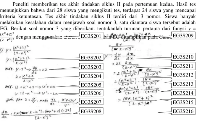Gambar 5. Jawaban EG untuk soal nomor 3 terhadap tes akhir tindakan siklus II  Gambar  5  menunjukkan  bahwa  EG  terlebih  dahulu  menulis  fungsi  yang  akan  diturunkan  yaitu  y  =    (EG3S201)