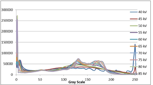 GAMBAR 1. Grafik histogram dengan variasi tegangan dan gray scale 