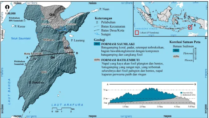 Gambar 1. Kondisi Geologi Regional Kota Saumlaki berada di atas Batugamping Koral bagian dari  Formasi Saumlaki (Qs) (KESDM, 2012; Sukardi &amp; Sutrisno, 1989) 