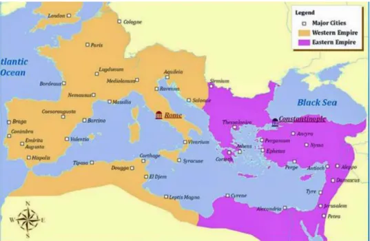 Gambar 2.1.2. | Peta Wilayah Kekaisaran Romawi dan Pembagian Wilayahnya  (Sumber : modul.mercubuana.ac.id; diakses tanggal 27 Agustus 2015, Pukul 