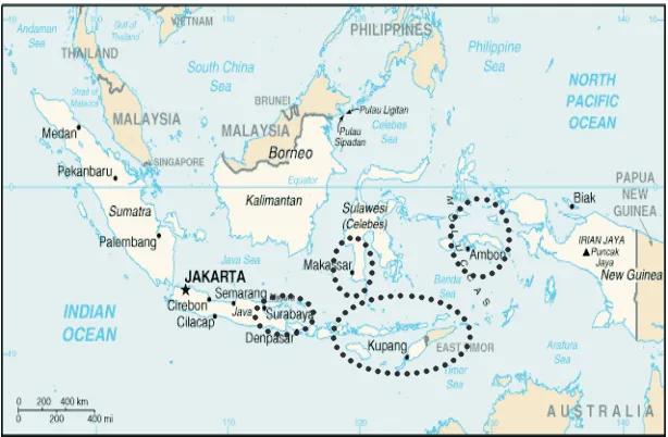 Gambar 3.  Penyebaran tumbuhan lontar di Kepulauan Indonesia.Figure 3. Distribution of  lontar in Indonesia archipelago.