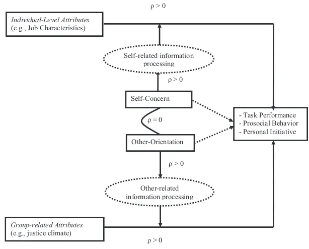 Figure 1.The self-concern and other-orientation as moderators (SCOOM) hypothesis applied to task perfor-mance, personal initiative, and prosocial behavior