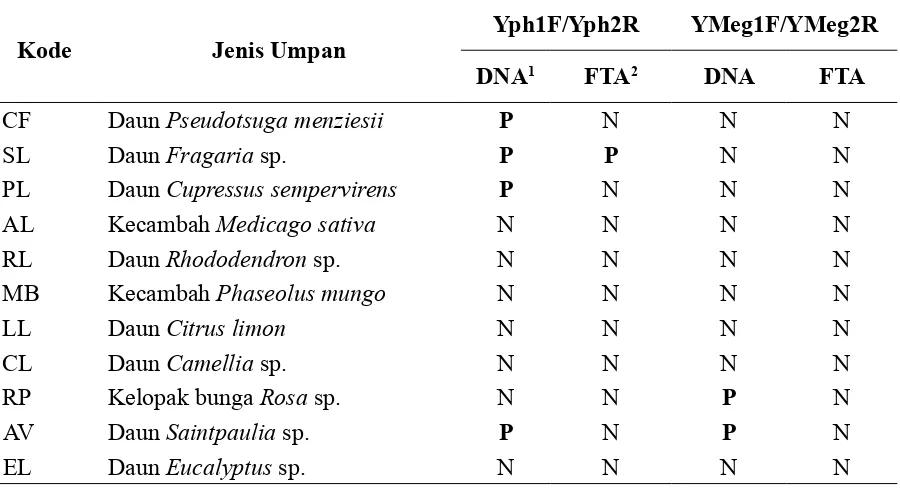 Tabel 7. Ampliikasi PCR menggunakan primer spesiik genus dan spesies untuk DNA yang diperoleh dari umpan
