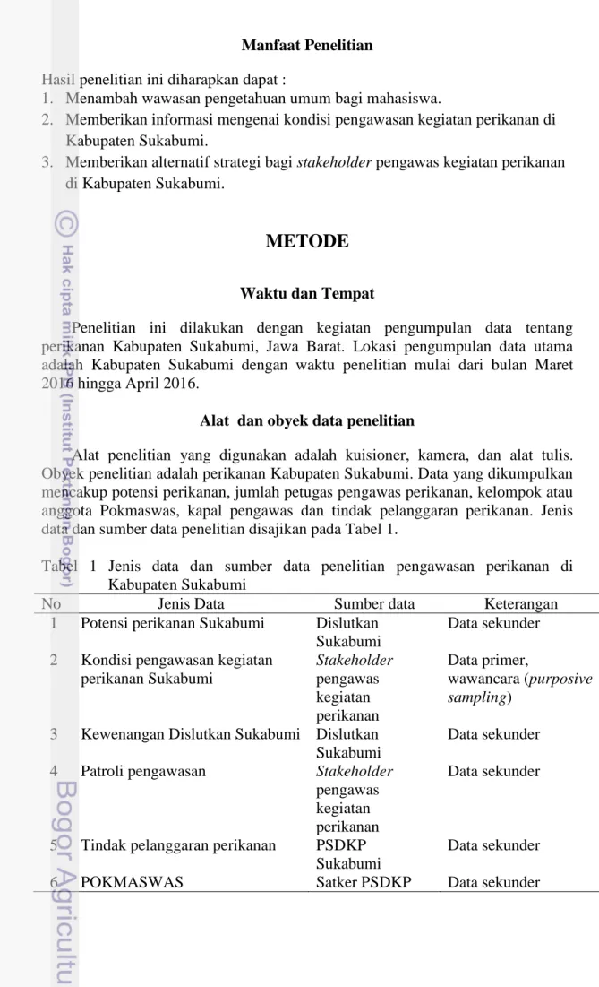 Tabel  1  Jenis  data  dan  sumber  data  penelitian  pengawasan  perikanan  di  Kabupaten Sukabumi 