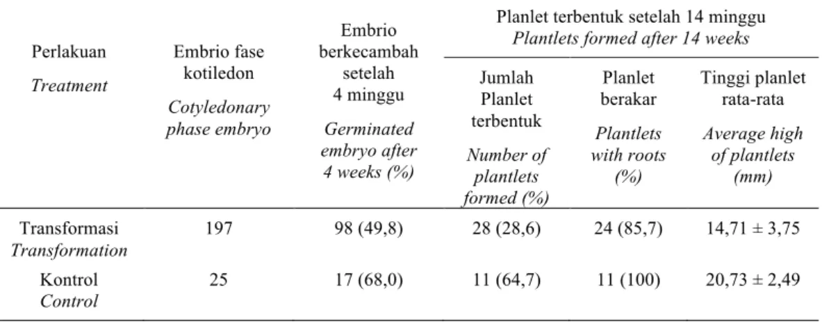 Tabel 4.  Regenerasi planlet dari ES hasil transformasi pada medium tanpa zat  pengatur tumbuh setelah 14  minggu dikulturkan