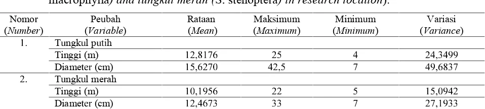 Table 3.Statistics of height and stem diameter (dbh) of tengkawang tungkul putih (ÃÅÆØ ÅÇÈÁ Ñ ÃÏSmacophlla) and tungkul merah (Senopea) in research location)Ï