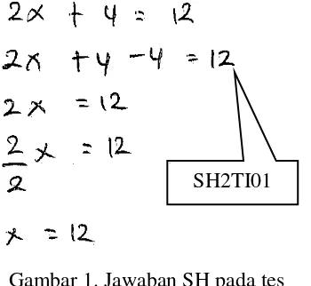 Gambar 1. Jawaban SH pada tes                   identifikasi masalah (SH2TI01) dan SH juga tidak menuliskan tanda ekuivalen pada setiap baris